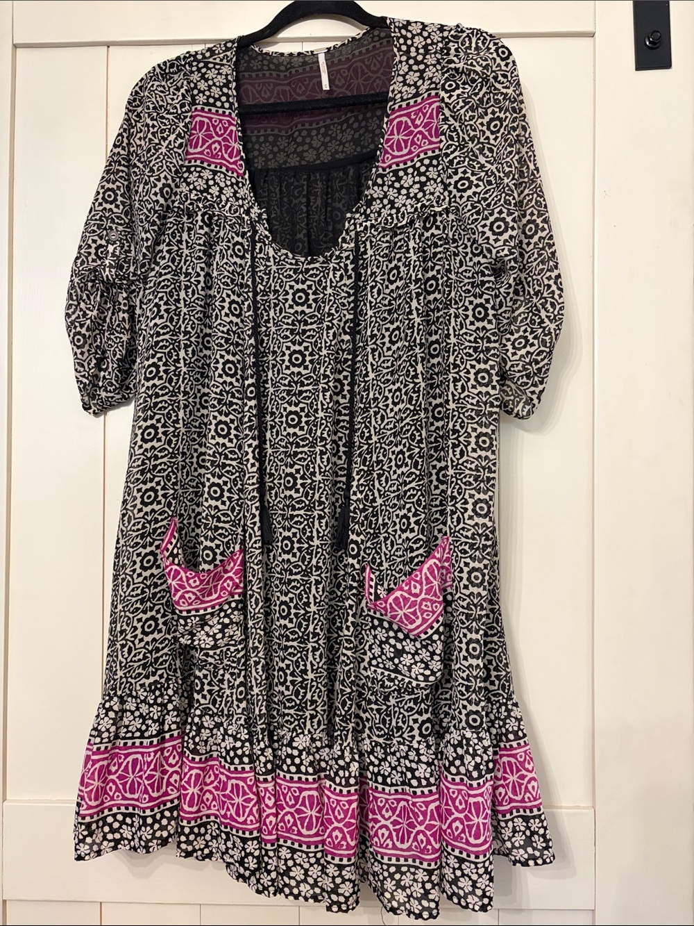 Free People black and white printed mini dress with pink trim